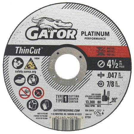 GATOR FINISHING Platinum Performance ThinCut Type 1 Metal Cut-Off Wheels, 4.5" x .047" x 7/8", 10 Count 975010